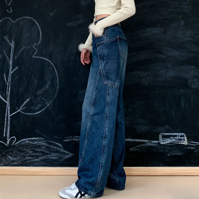 Otoño 2025 pantalones vaqueros de pierna ancha cónicos ajustados de cintura alta Y2K pantalones vaqueros azules Vintage Dongdaemun dobladillo curvo para mujer
