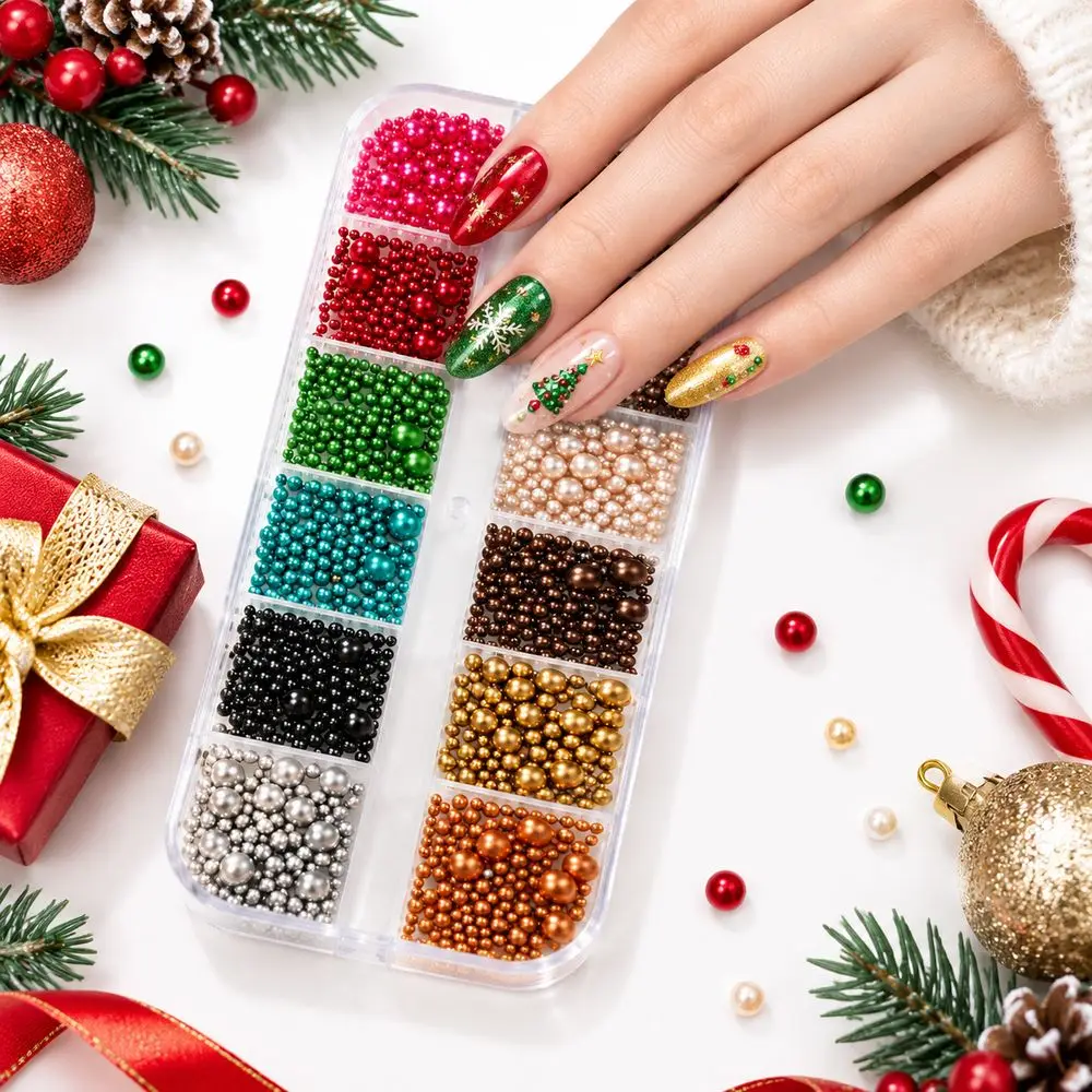 12Grids Bead Holder Faux Pearl Nail Art Beads Regal Multi Shade Size for Winter Holiday Season Christmas Nail Embellishment Set