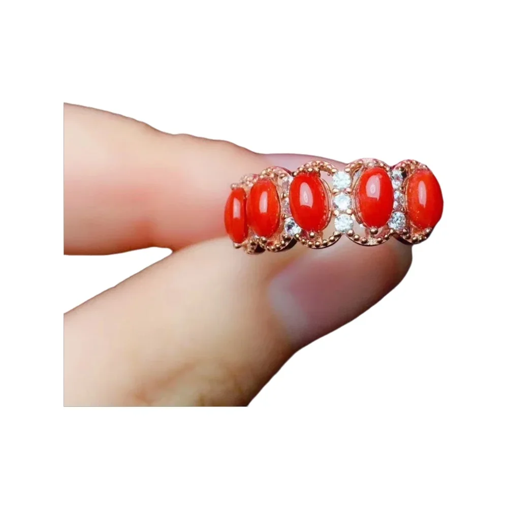 

KJJEAXCMY-925 Sterling Silver Crystal Ring for Women, Fine Jewelry, Natural Gemstone, Red Coral, Lady, Girl, Female Gift Birthd,