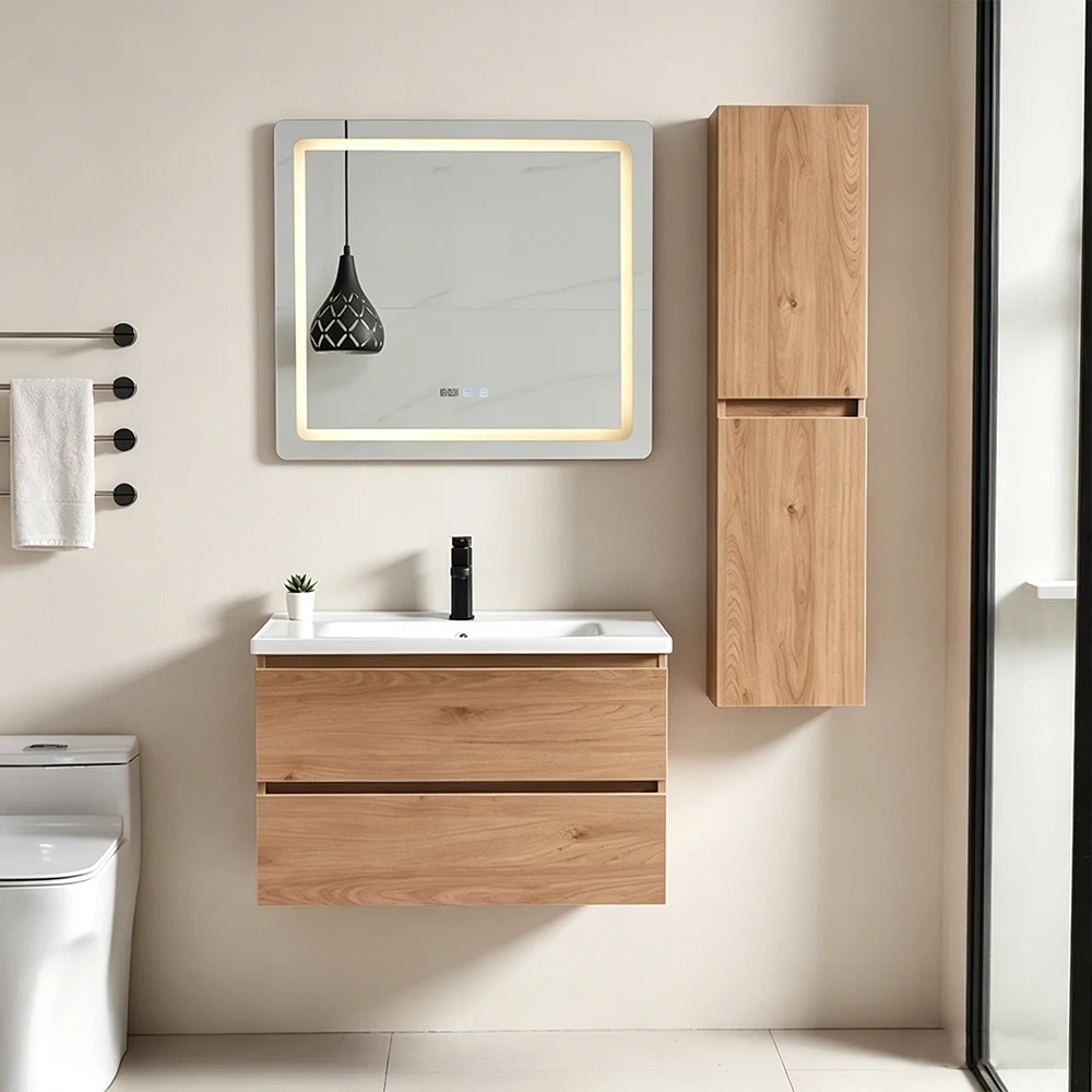 Modern European Boutique Hotel Bathroom Vanity with Brass Fittings Luxury Wall-Mounted Plywood Cabinet for Farmhouse Use