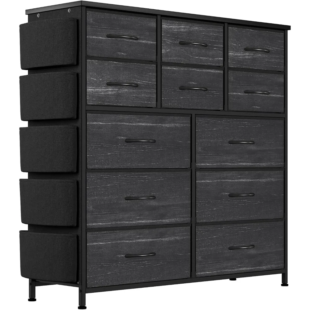 

12 Dresser for Bedroom, Chest of Drawers for Bedroom with Side Pockets and Hooks, Fabric Storage Dresser, Sturdy Steel Frame, Wo