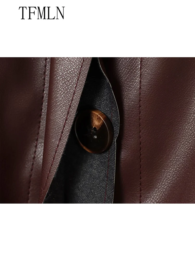TFMLN moda mujer chaquetas recortadas de piel sintética solapa prendas de vestir de calle alta Chic bolsillos de un solo pecho abrigos sólidos 2025 otoño