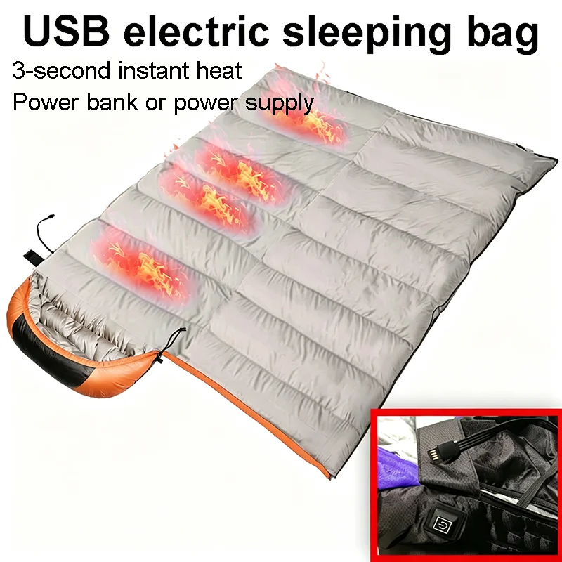 USB Heating Sleeping Bag Thicken Camping Hiking Connection To Power Bank Winter Autumn Sleeping Bag Outdoor Survival Camp Gear