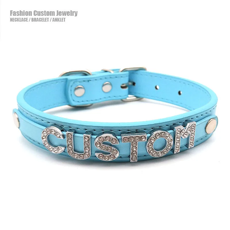 Handmade Customized Name Letters Choker Collars Necklaces Sexy Sky Blue PU Personalized Sex Cosplay Custom Chocker Jewelry Gift