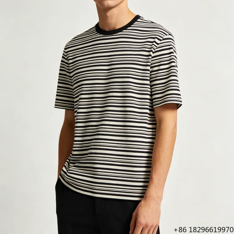 ソフトコットンストライプクルーネックメンズ半袖tシャツミニマリストデイリービジネスカジュアル男性トップス