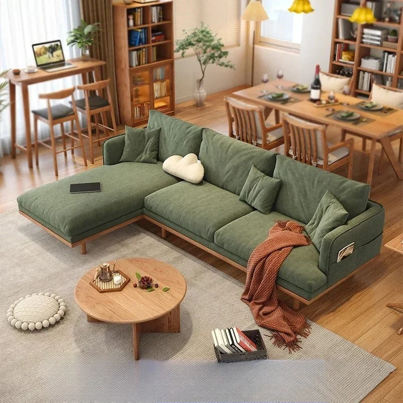 

Custom Nordic corner sofa combination cherry wood Japanese retro small-sized corduroy latex fabric sofa can be customized.