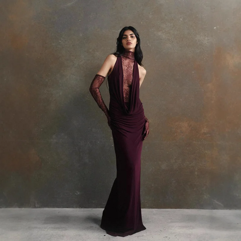 

European and American Style Halter Lace Patchwork Dress Hot Sexy DeepVSpicy Girl Ruched Evening Dress