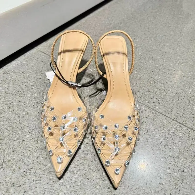 TRAF Woman Beige Transparent Diamond High Heels Sexy Pointed Toe Slingback Heeled Shoes Pumps Female Party Heels Sandals Shoes