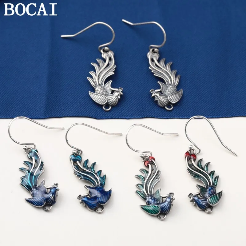 

BOCAI NEW S925 Pure Silver Retro Fashion Drip Glue Peacock Phoenix Earrings Can Hang Tassels