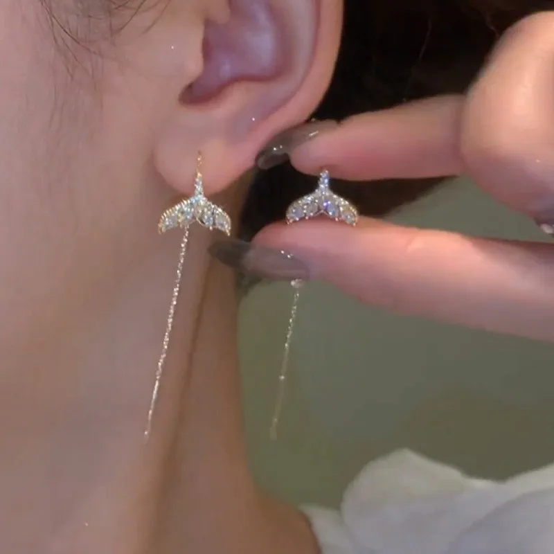 Fashion Long Tassel Ear Line Earrings For Women Korean Temperament Crystal Fish Tail Drop Earrings Girls Daily Party Jewelry