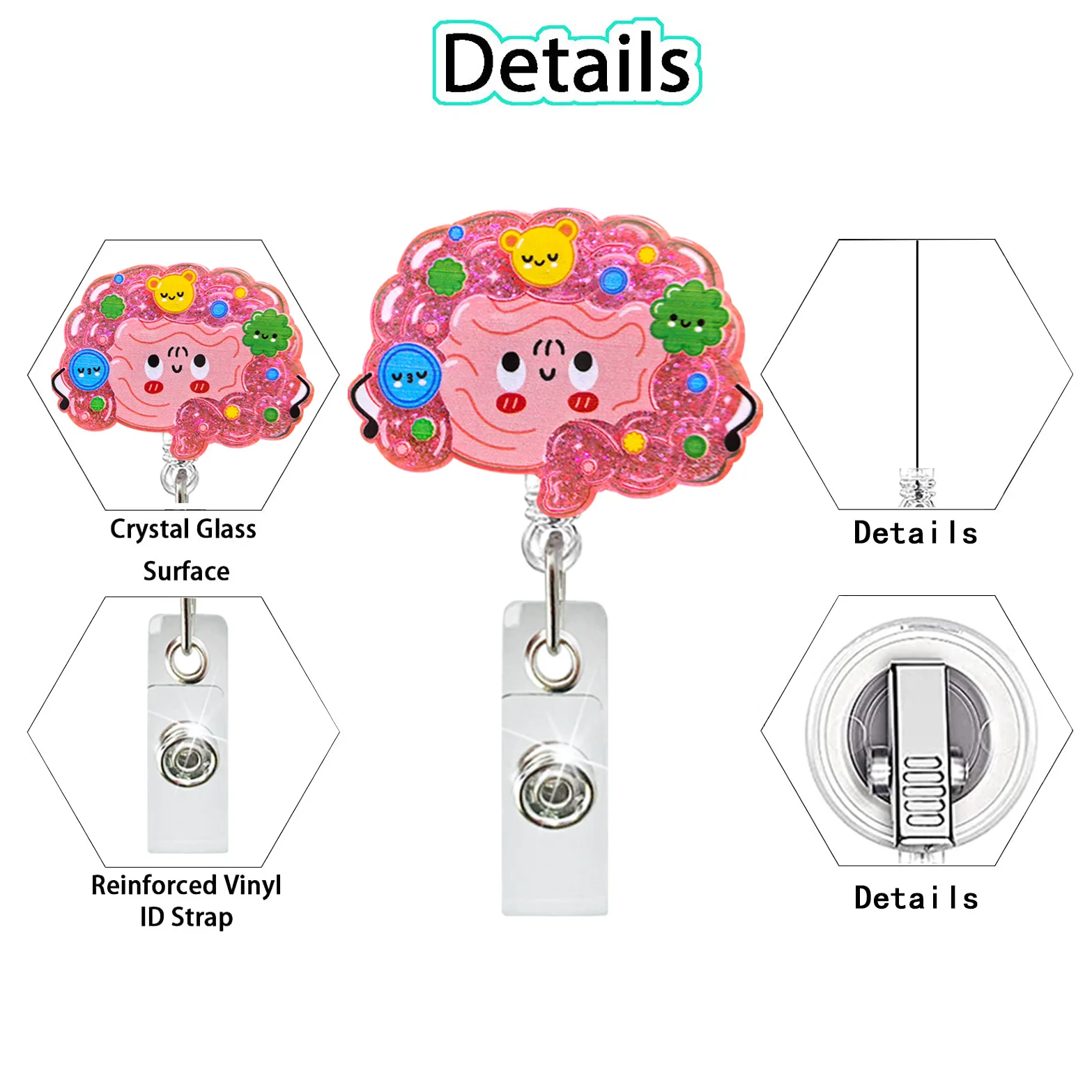 Acrylic Glitter Stomach Heart Ribs Brain Retractable Badge Reel Rotatable Crocodile Clip ID Badge Holder for Doctor Nurse