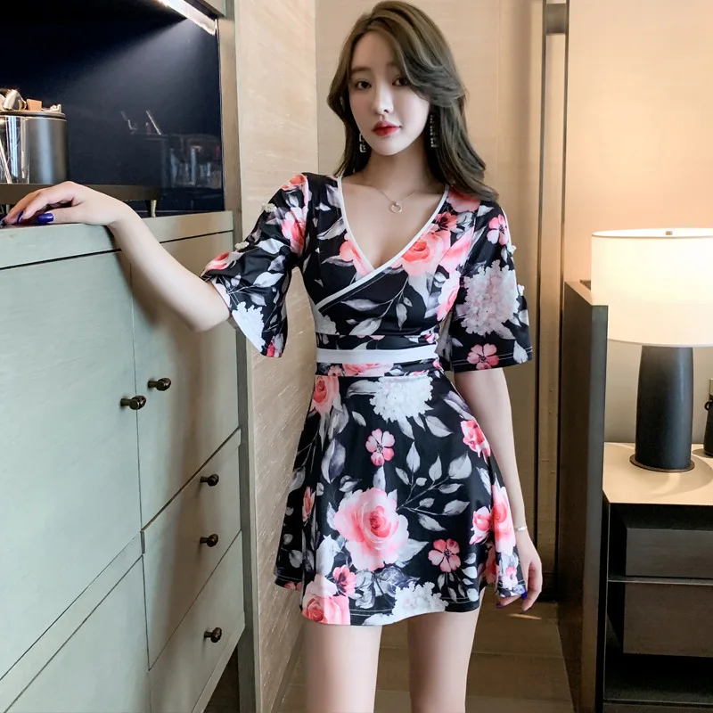 #4980 Black Pink Blue Printed A-line Dress Women V-neck Vintage Japan Style Short Dress Female Sexy Party Night Club Mini A-line