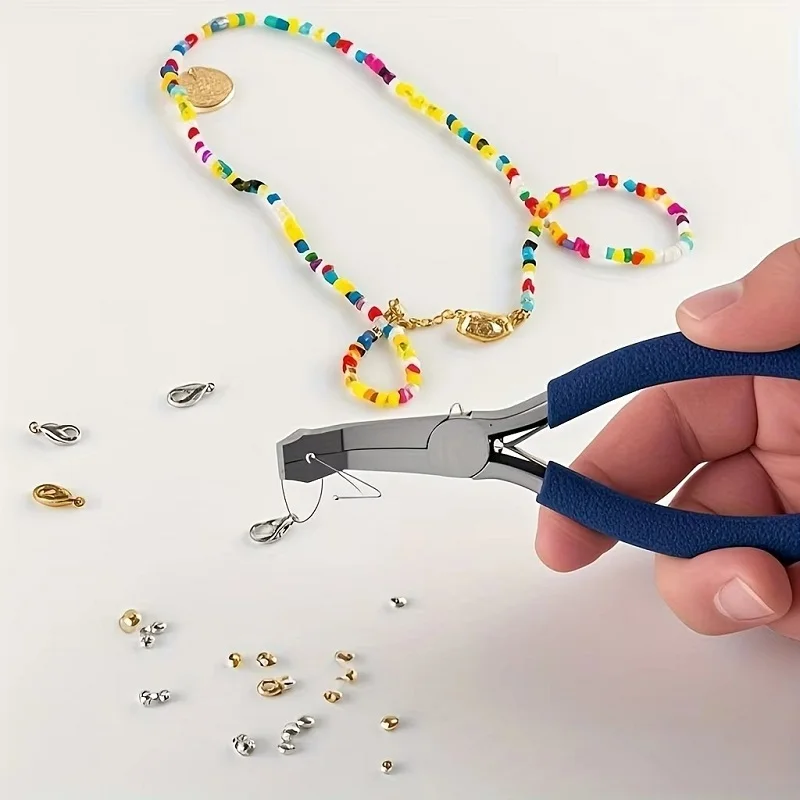 Bent Nose Crimp Pliers Round Hole Blue Handle Steel Wire Wrapping Tool for Jewelry Making Beading DIY Craft Repair Supplies