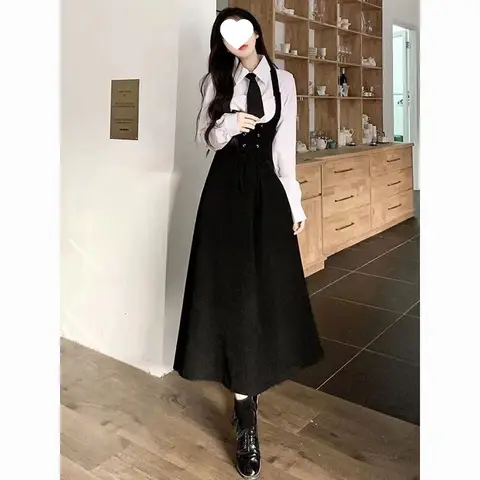 Sweet School Uniform Style Strap Dresses Women's Korean Version Waist Cinching Long Skirts Two-Piece Set Casual Summer Long S...