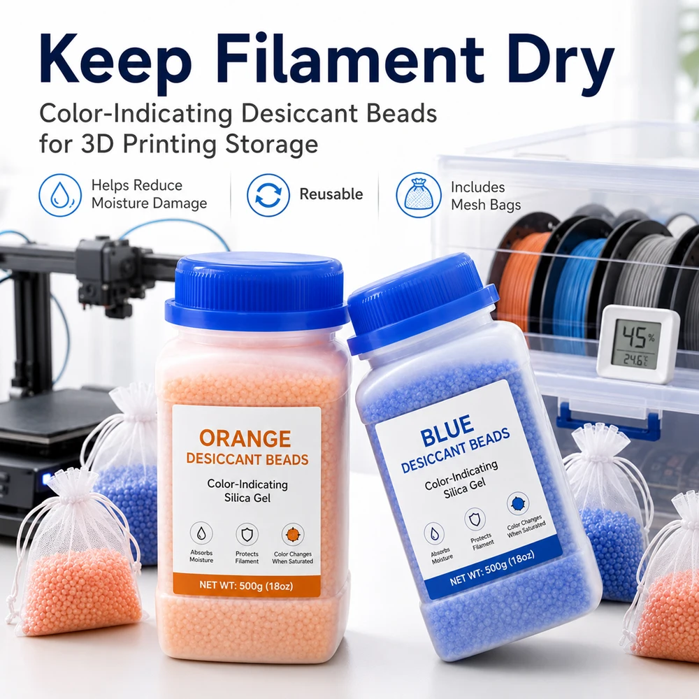 Reusable Silica Gel Desiccant Beads for 3D Printer Filament, Color Changing Moisture Absorber with Bags for Spool Dry Box