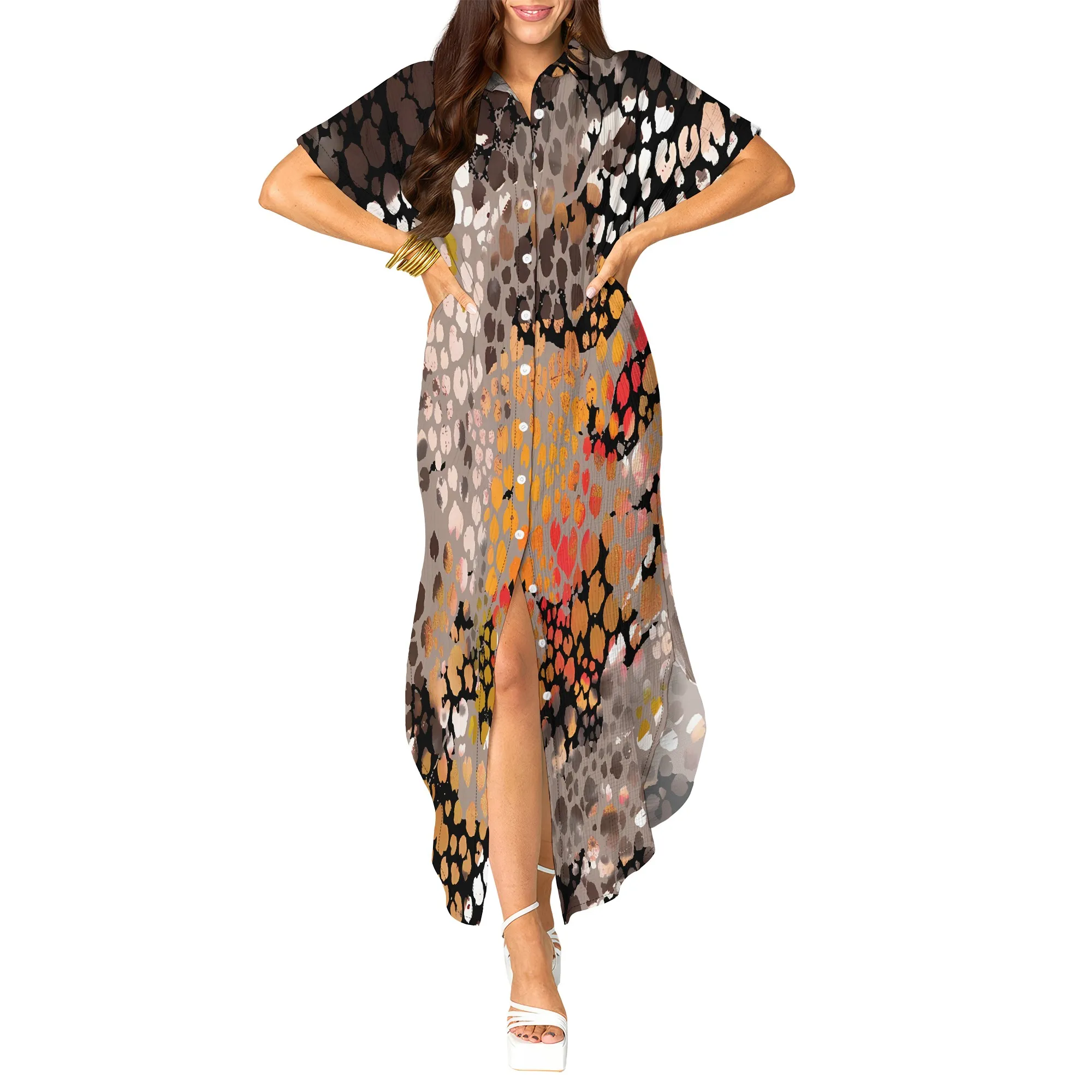 فستان قميص Nupusa بطبعة الفهد للنساء مقاس عادي صيفي كاجوال بياقة قميص وأكمام قصيرة