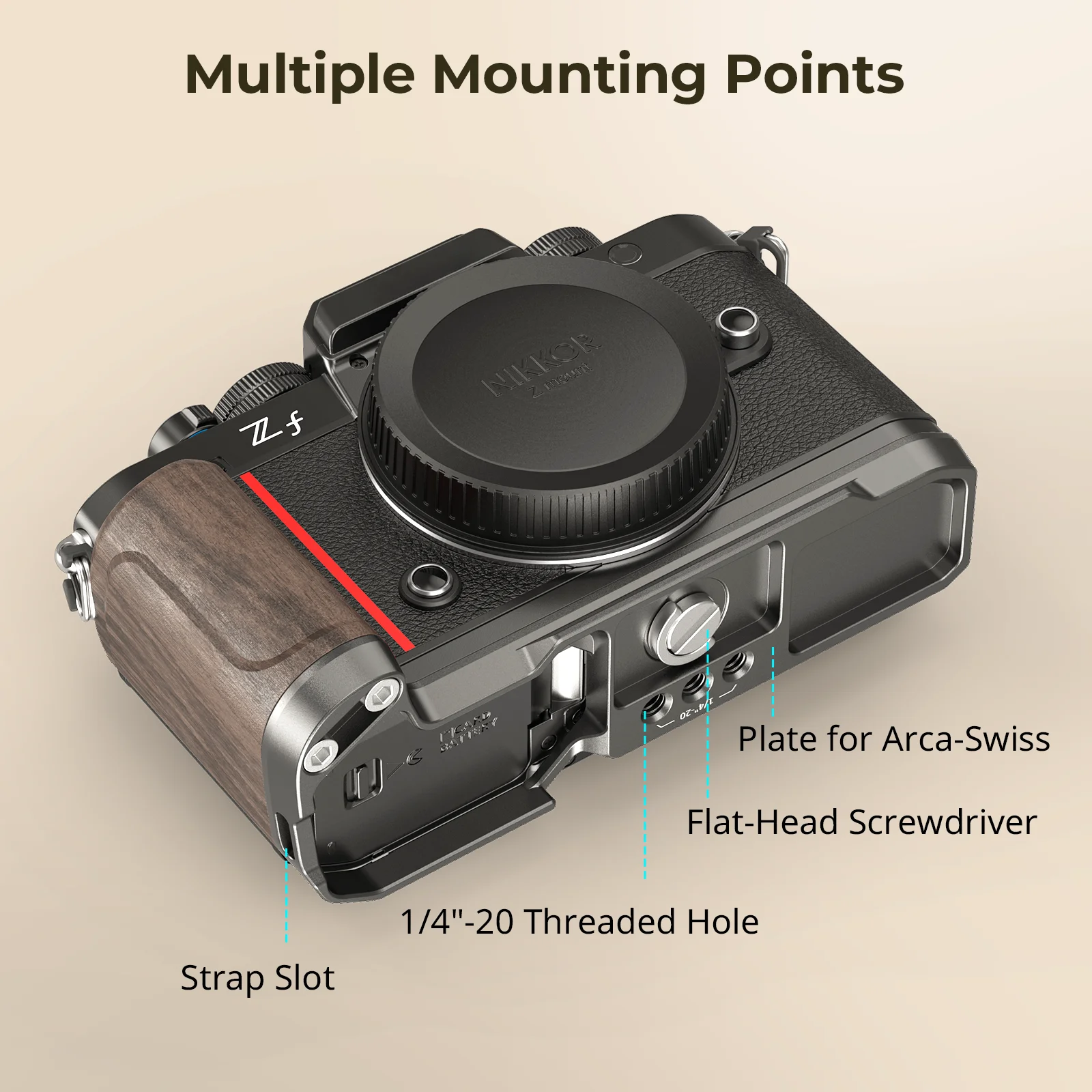 لوحة تثبيت على شكل حرف L من SmallRig Z f مع مقبض خشبي لنيكون Z f مع لوحة تحرير سريعة من Arca-Swiss لحوامل ثلاثية من النوع Arca 4801