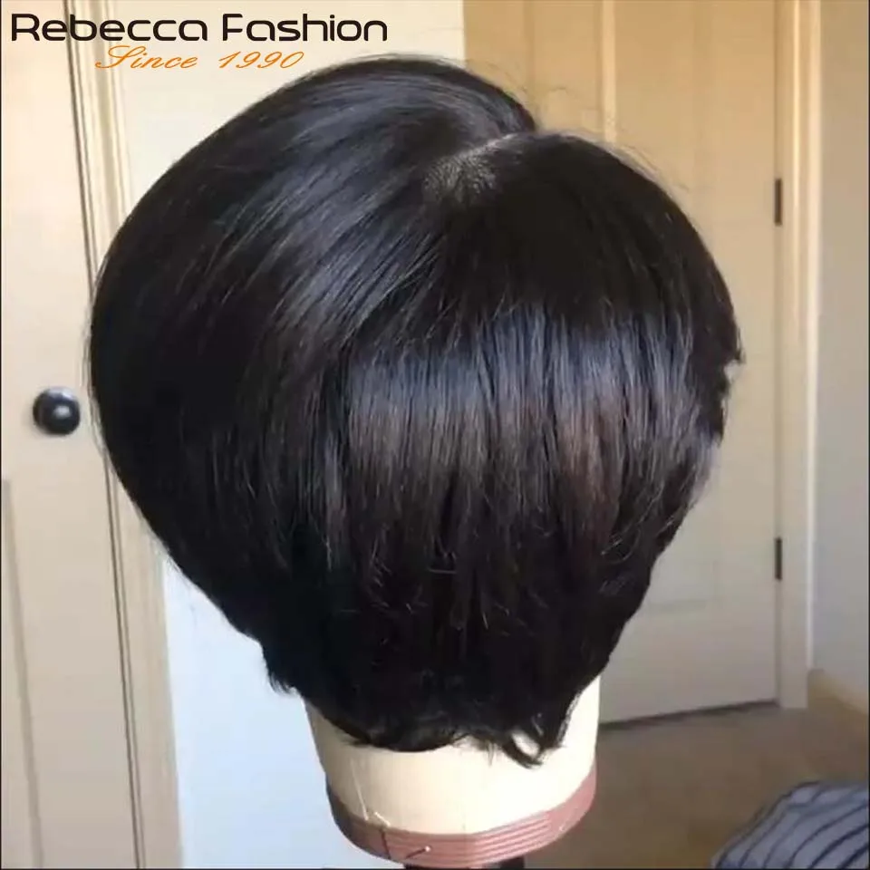 Short Cut Pixie Straight Bob T Part Lace Wig Remy Human Hair With Bangs For Women Pre Plucked Glueless Natural Color