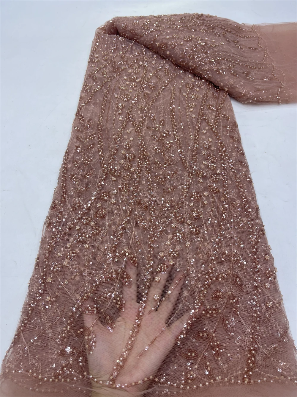African Beaded Mesh Lace Fabric,For Sewing,Clothes,Sequin,Tulle,Wedding Dresses,Embroidery,Fabrics By The Meter,Crafts,5 Yards