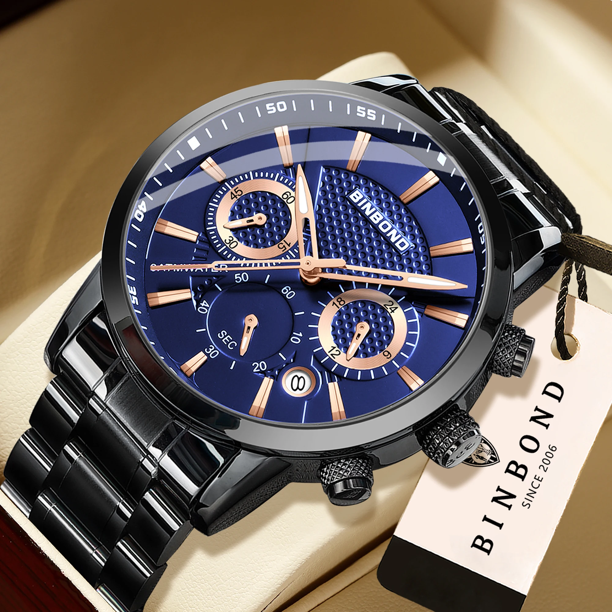 BINBOND Sturdy Men's Watch Reloj Chronograph Precise Quartz Watches For Men Luxury Luminous Waterproof Auto Date