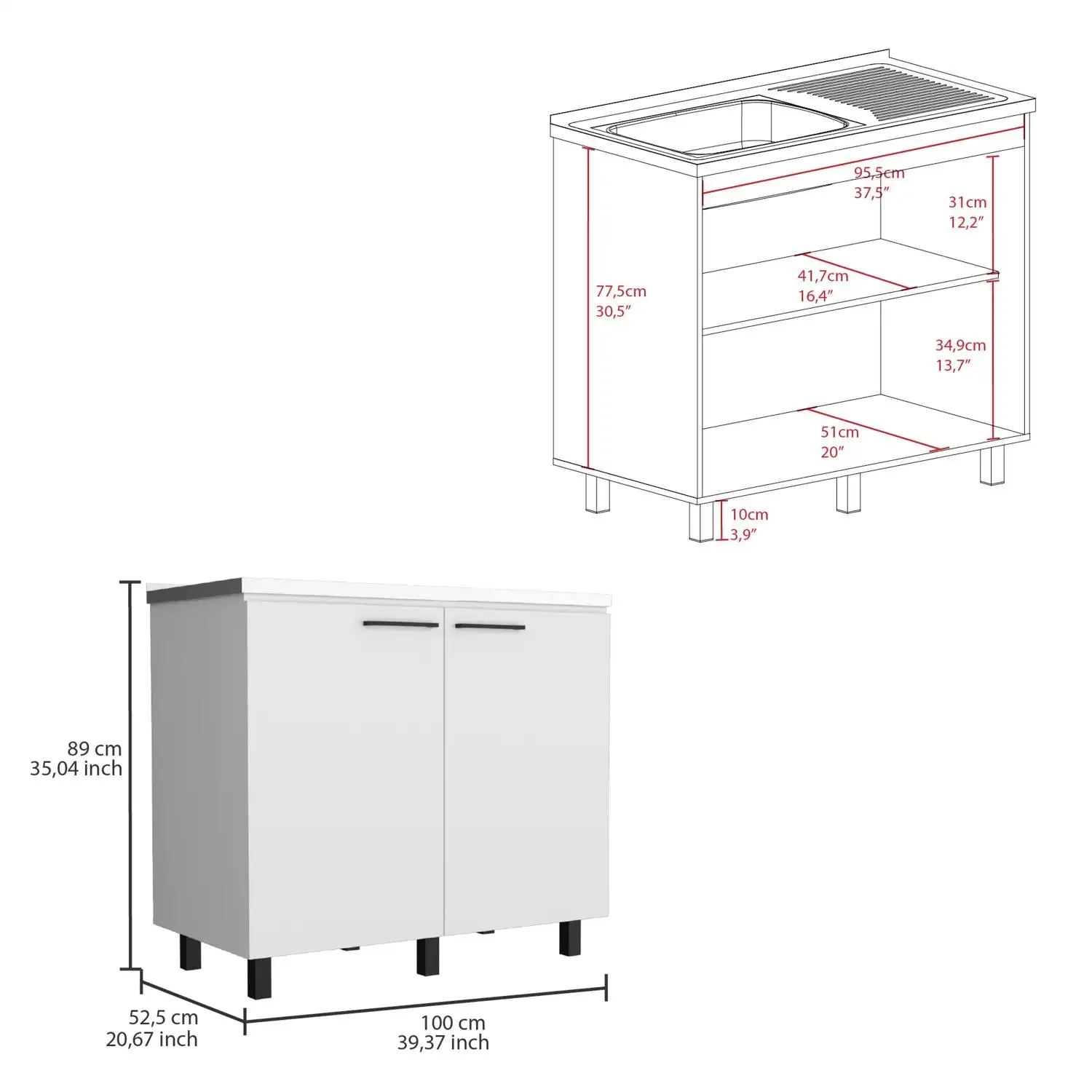 Napoles 2 Utility Sink with Cabinet, Stainless Steel Countertop, Interior Shelf White