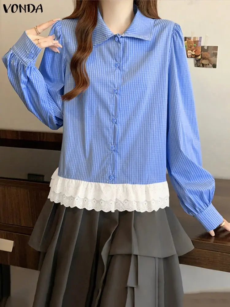 Vonda Elegante Lange Mouwen Damesmode Geruite Blouse 2025, Herfst Kant Patchwork Knop Stijlvolle Koreaanse Tops Tuniek Blusas