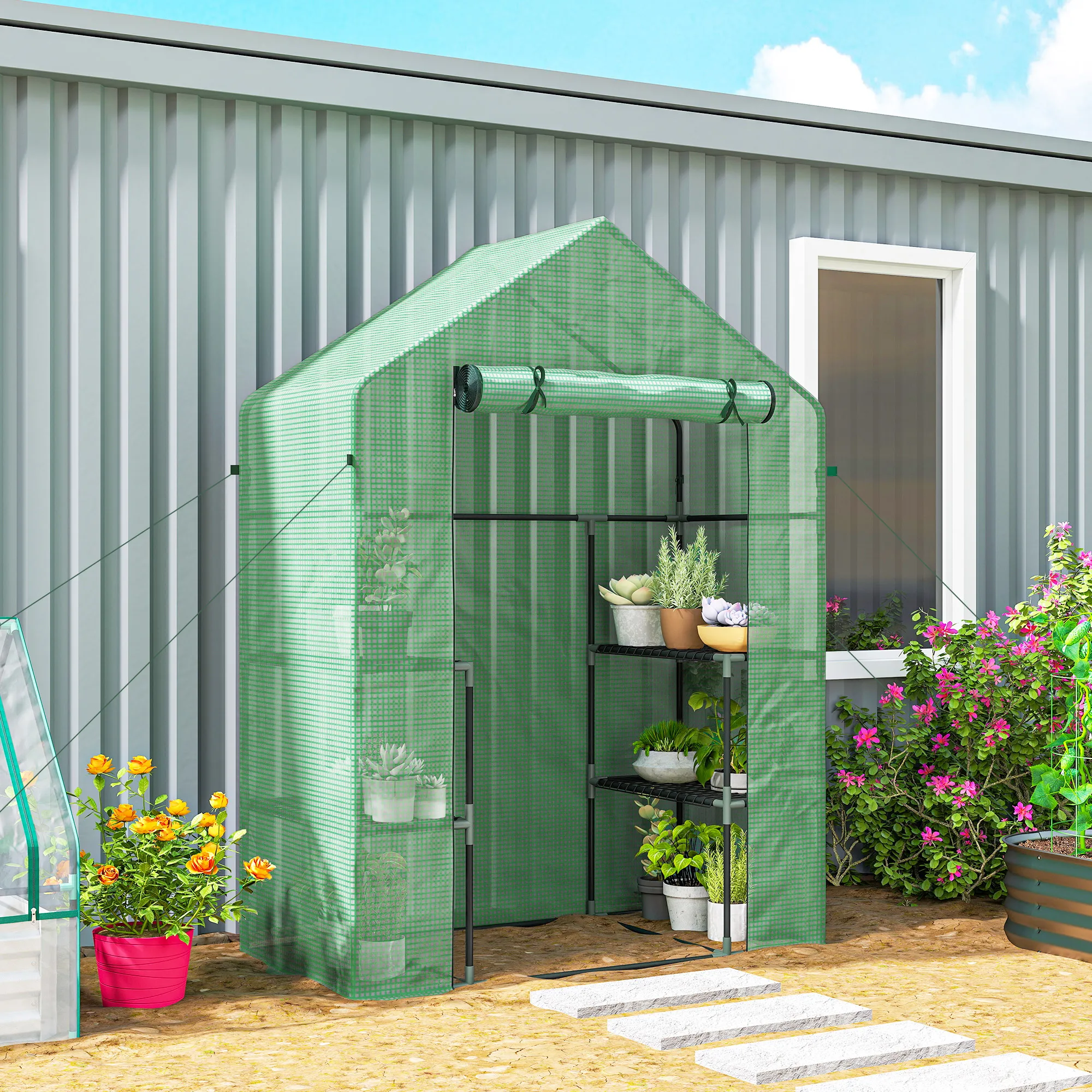 56" x 29" x 77" Walk-in Greenhouse, Garden Hot House with 3 Tier Shleves, Roll-Up Door and PE Cover, Green