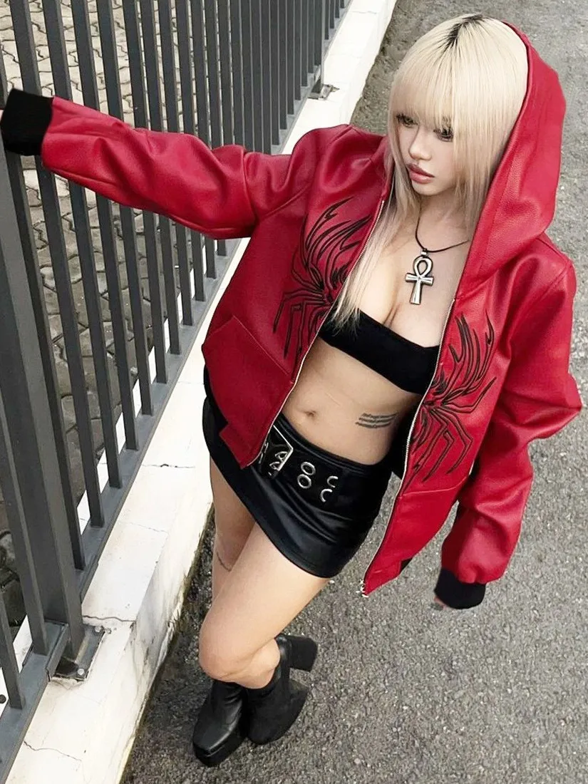 Leather Cardigan Long Sve Zipper Jaet Women's Loose Fit Warm Thiened PU Leather Coat with Hat for Middle-Aged Women