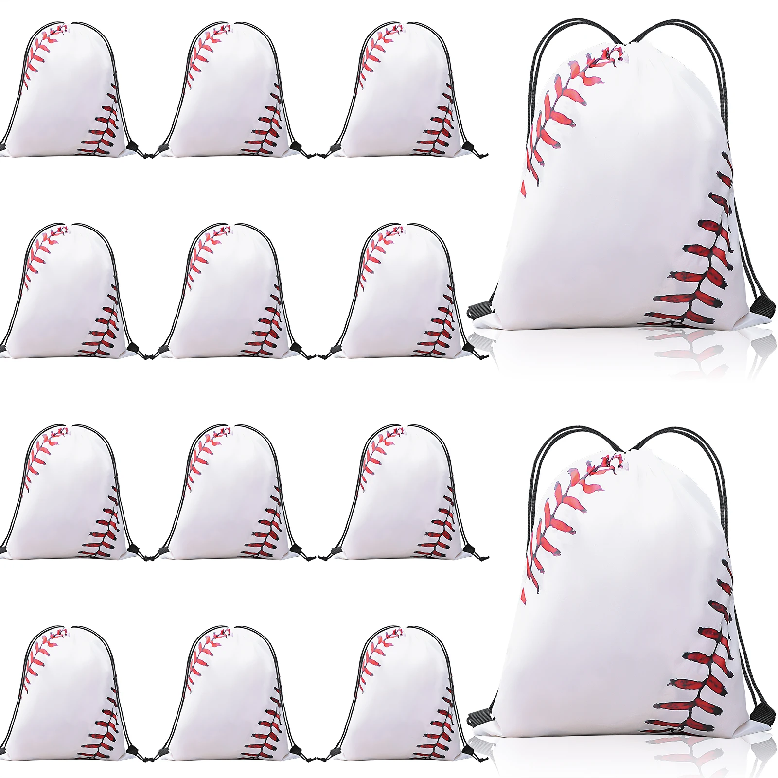 12 Pcs White Baseball Pattern Outdoor Sports Backpack Drawstring Bags Shopping Bag