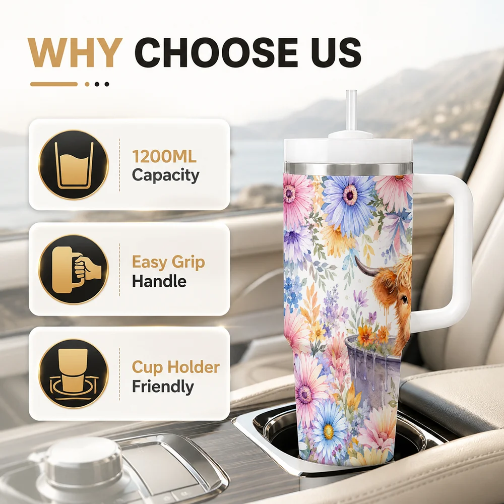 Boho Floral Highland Cow Country Style Vacuum Flasks 40oz Leakproof Steel Tumbler w/ Lid Straw Handle Hot Cold Drinks