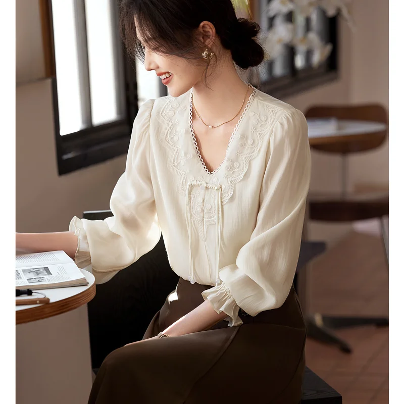 Women V Neck Embroidery Blouse Long Sleeve Frog Button Ruffle Cuff Loose Casual Shirts