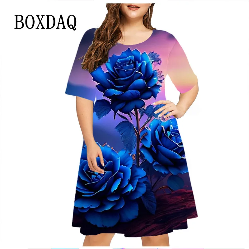 Gradiënt Blauwe Roze Bloemen Print Jurk Vrouwen Elegante Korte Mouw O-hals Party Mini Jurk Losse Plus Size Kleding 6xl Zonnejurk