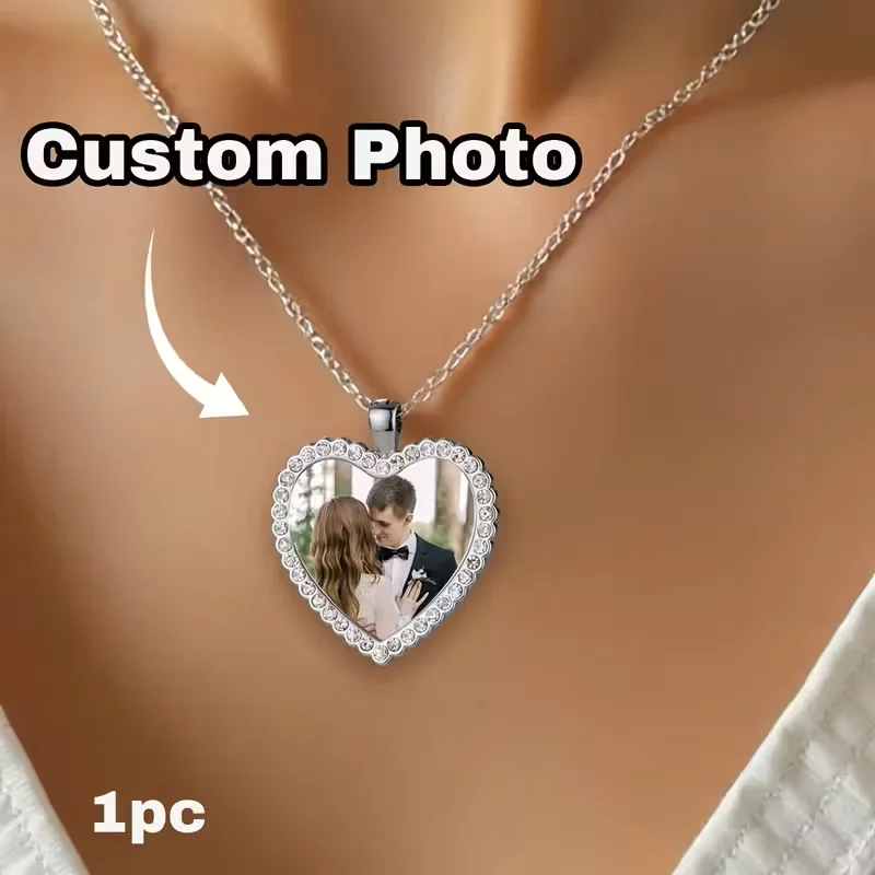 Customisable Heart-Shaped Inlaid Necklace, Personalised Photo Necklace for Women, Silver Necklace Can Be Customised