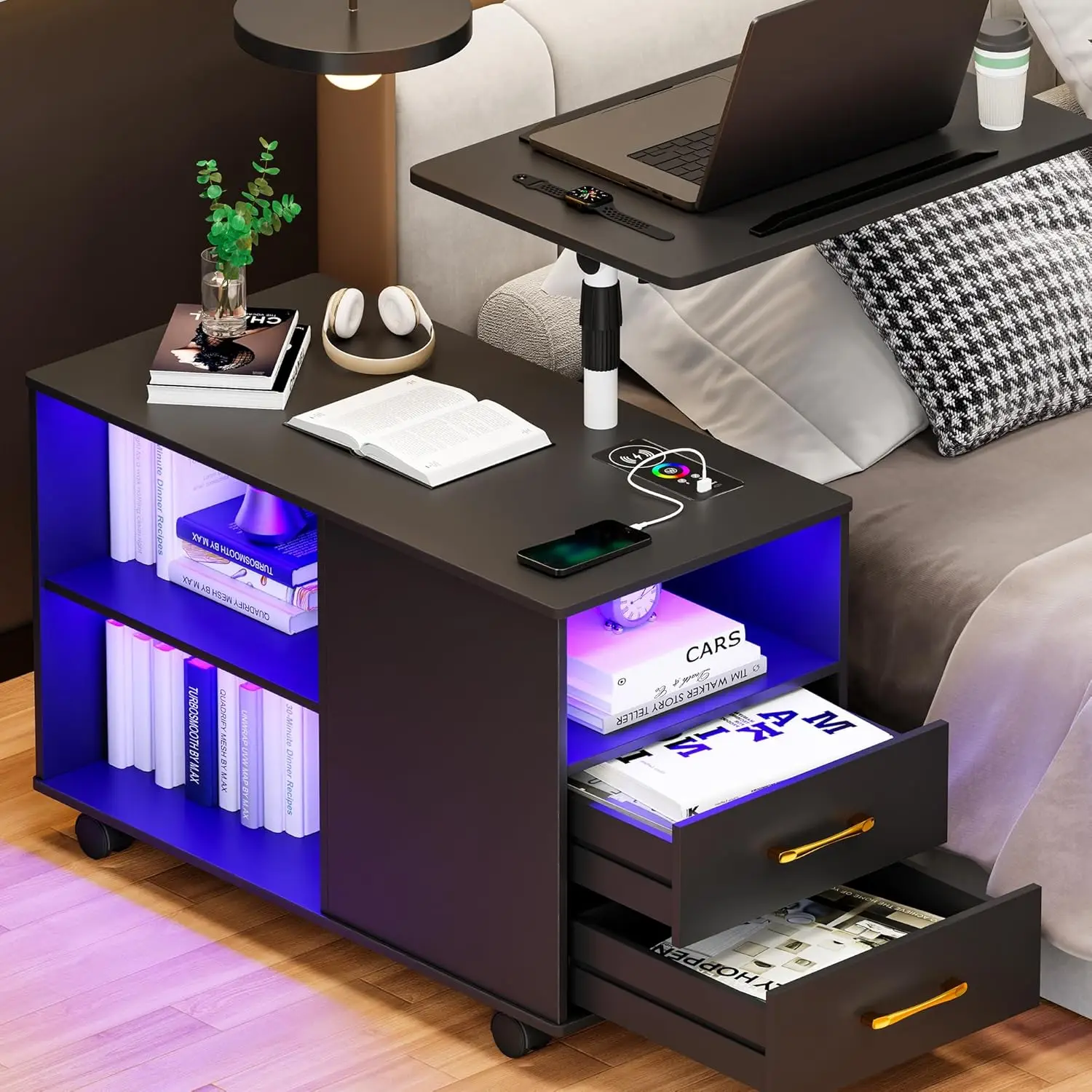 Height Adjustable Nightstand with Laptop Tray, RGB Light, USB & Type-C & Wireless Charger, Sensor, 360° Swivel Tray, Wheels, 5 S