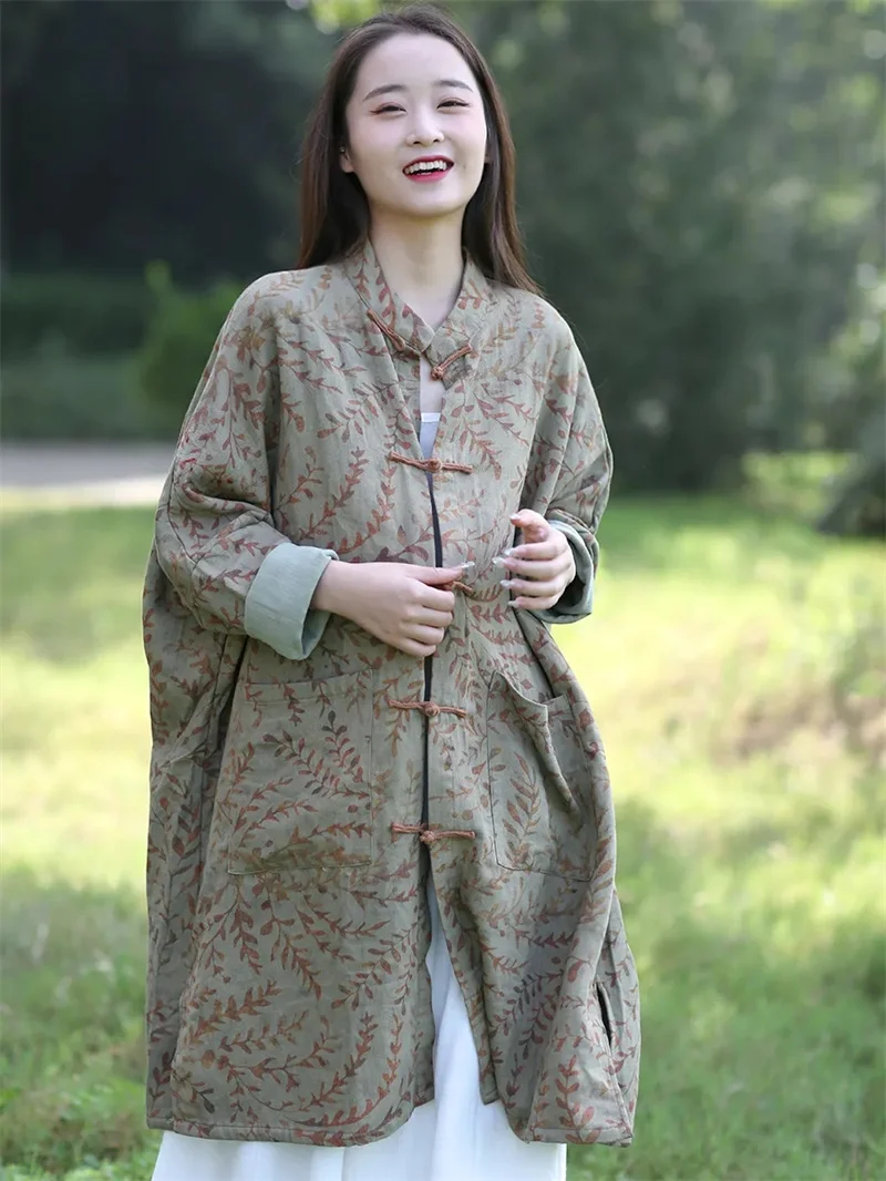 New Chinese Style Retro Floral Plate Buckle Cotton And Linen Medium Long Jacket For Women's Spring Autumn Plus Size Cardigan Top