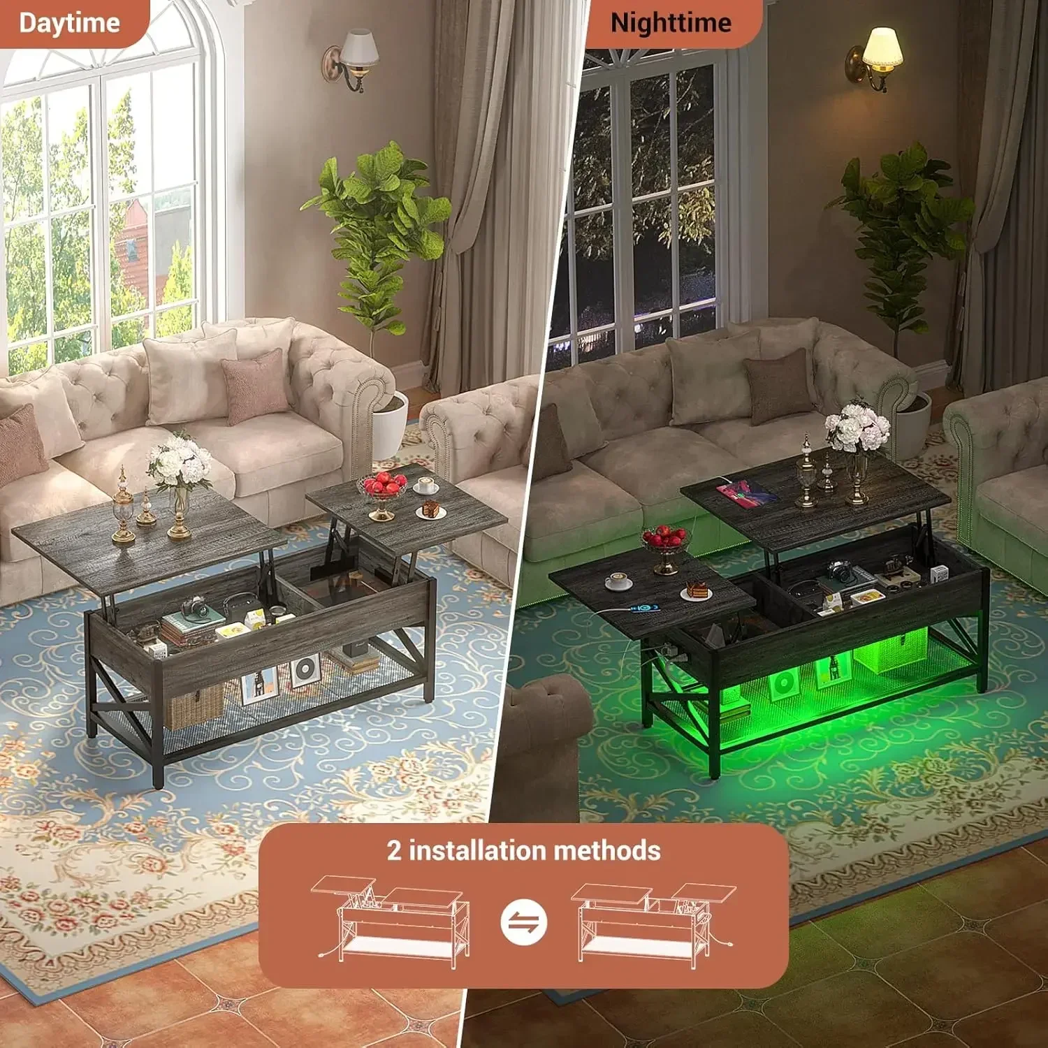 Coffee Table,Lift Top Coffee Table with Storage,LED Light&Power Outlet and Hidden Compartment,Retro Center Table for Living Room