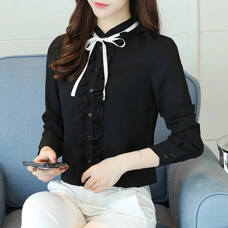 New Women Korean Fashion Ruffle Lace Up Elegant Button Shirt Casual Stand Collar Slim Blouse Solid Long Sleeve Tops Sweet Blusas