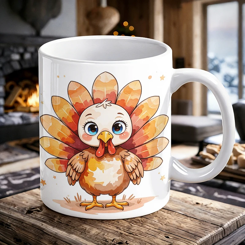 

Cute Big-Eyed Turkey Handle Ceramic Mug, Full-Printed Pattern Coffee Mug, Insulated Milk Cup, Office Water Cup, Fade-Resistant