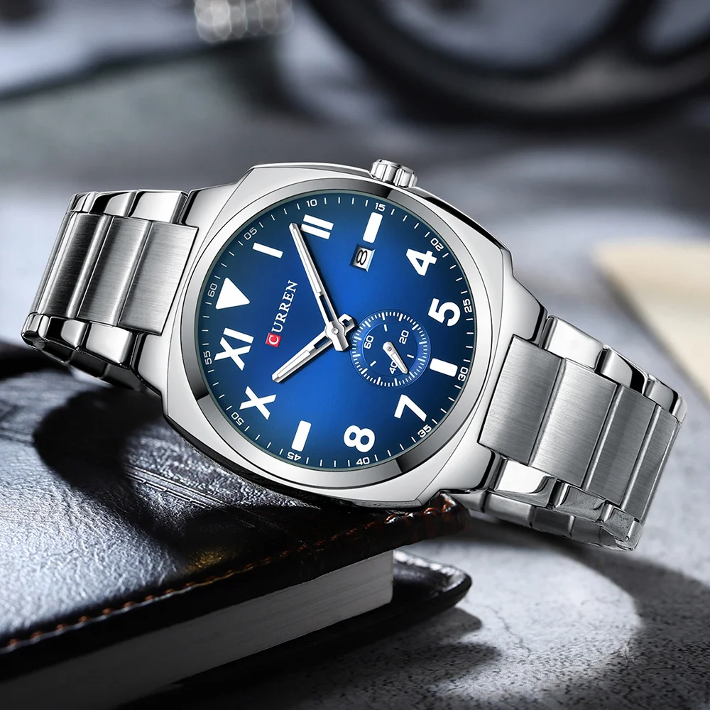 CURREN Men's Stainless Steel Minimalist Watches Fashion Square Dial with Sub-Second Simple Quartz Wristwatch for Casual Business