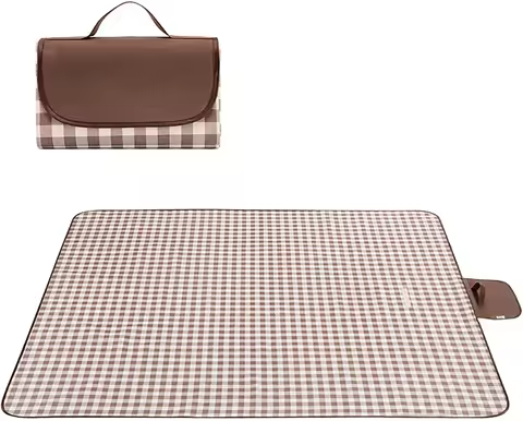 Foldable Waterproof Picnic Blanket with Carry Strap - Sandproof Outdoor Mat for Camping, Beach, Park - 59" x 71", Coffee Grid