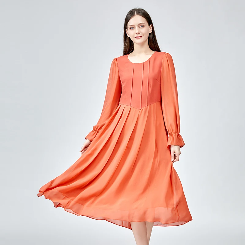 

Office Ladies Silk Maple Leaf Folds Double Georgette Hem Woman Dress Autumn Elegant Flare Long Sleeves Dresses Women AE1253