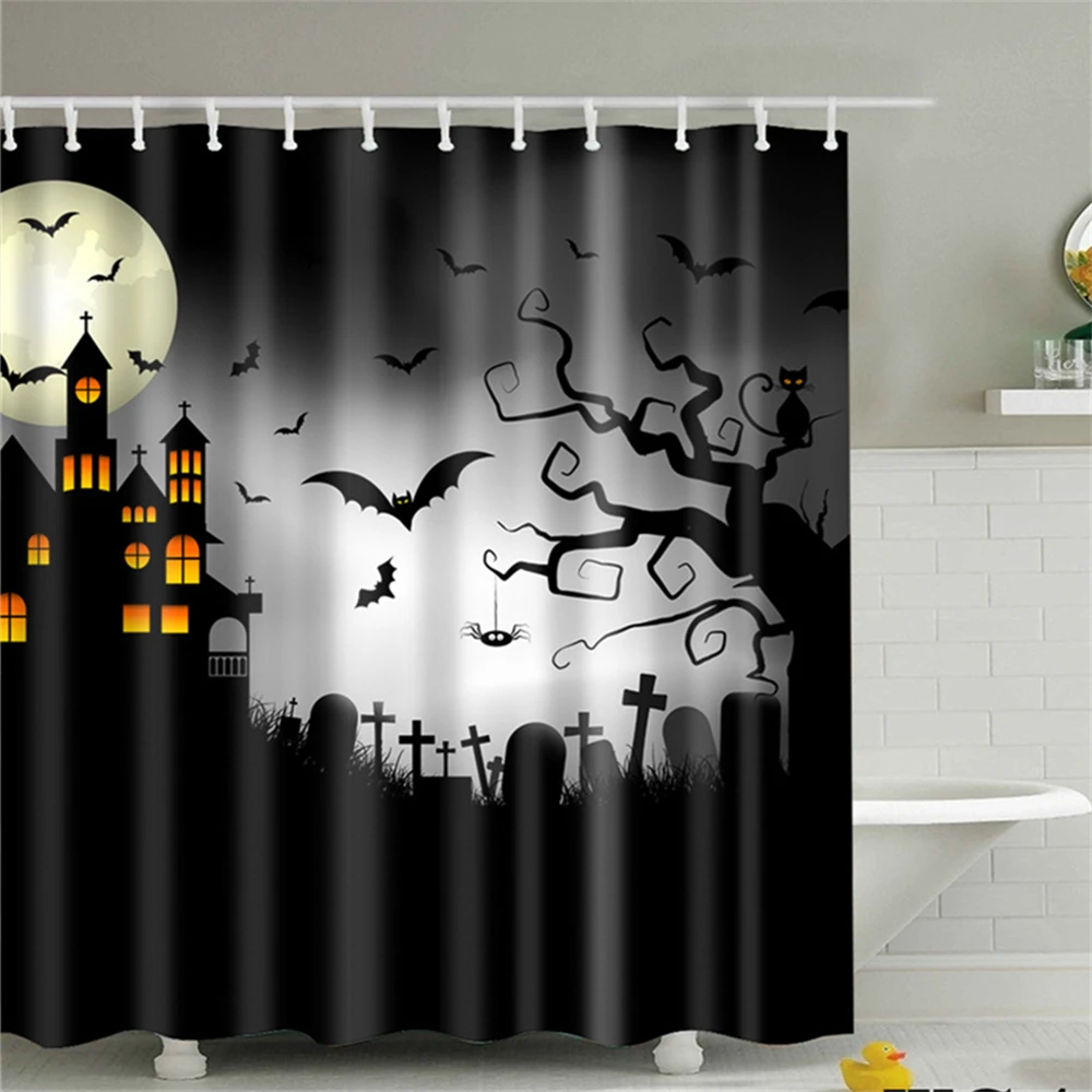 

Halloween Evil Smile Bathroom Curtain Skull Tree Pumpkin Shower Curtain Bathroom Partition Waterproof Shower Curtain with Hooks