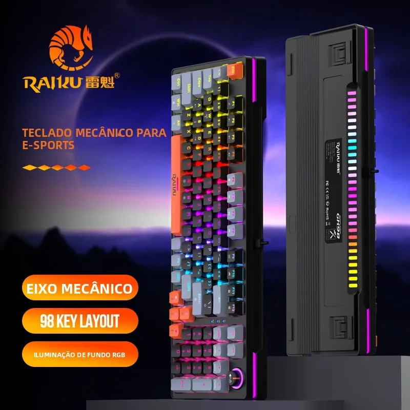 Teclado gamer com fio GK98, teclado mecânico com retroiluminação RGB arco-íris, 98 teclas com botão multimídia, interruptores azuis retroiluminados, t