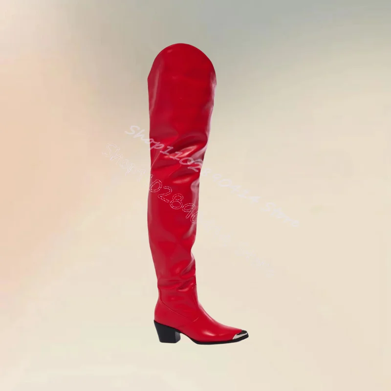 

Metal Pointed Toe Red Thigh High Boots Side Zipper Women Shoes Chunky High Heels Fashion Party Banquet 2024 Zapatos Para Mujere