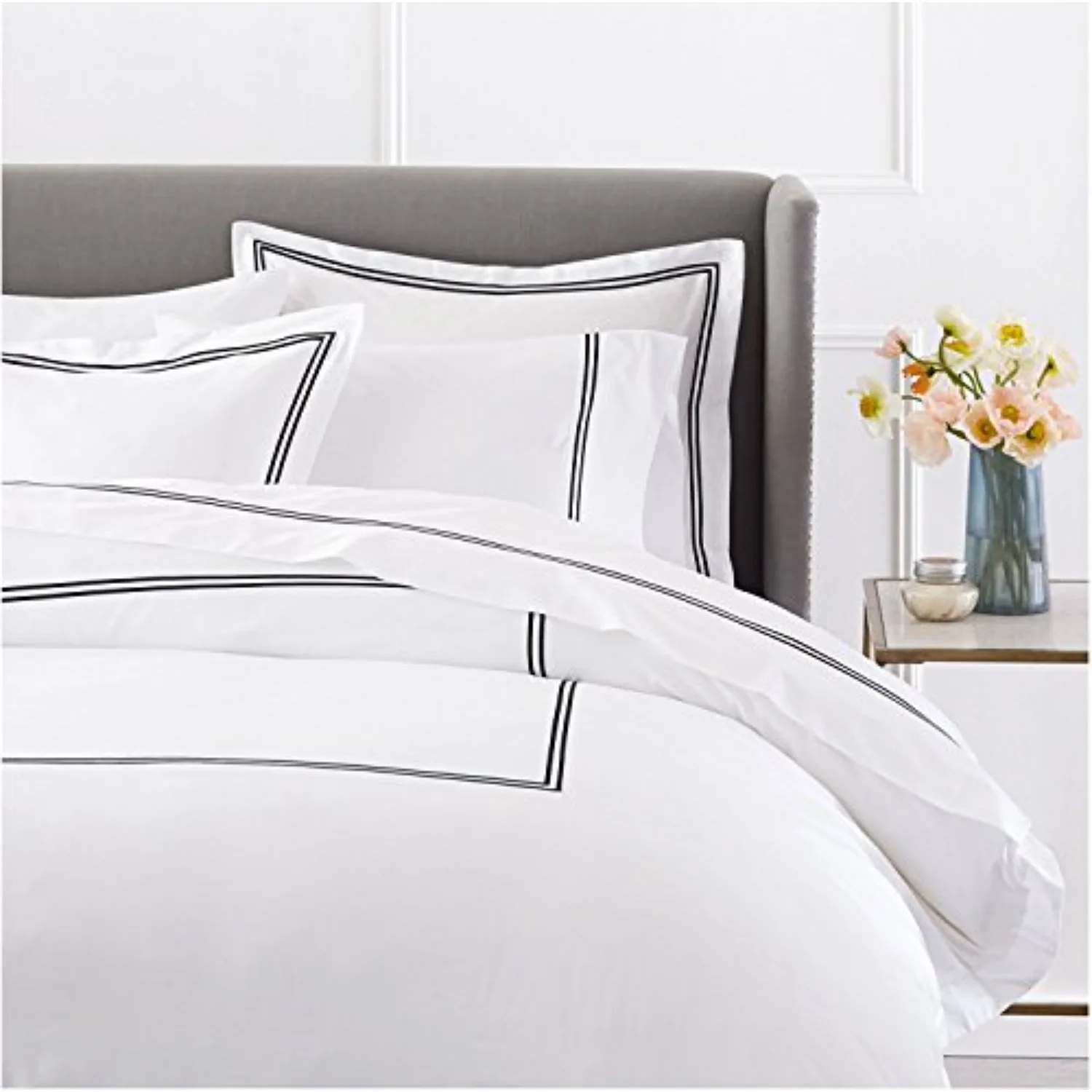 Luxury Soft Brushed 400-Thread-Count Egyptian Cotton Embroidered Duvet Cover Set with Beautiful 2-Stripe Embroidery