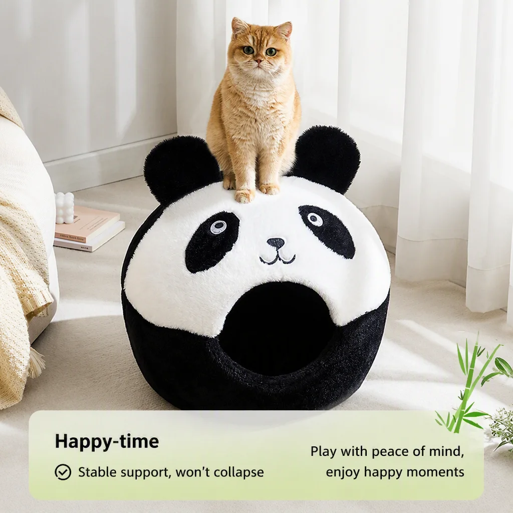 Novelty Panda Design Cat Bed Cave, Soft Plush Enclosed Cat Nest, Warm All-season Pet House for Indoor Cats