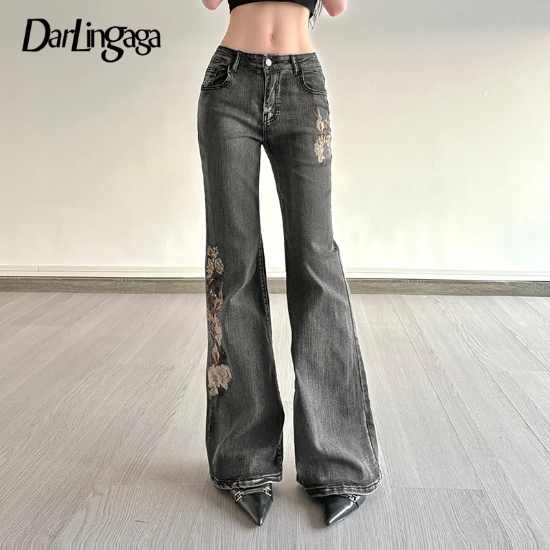

Darlingaga Vintage Floral Sequin Embroidered Flared Jeans Women's Full Lenght Low Waist With Pockets Denim Trousers Bottoms Chic