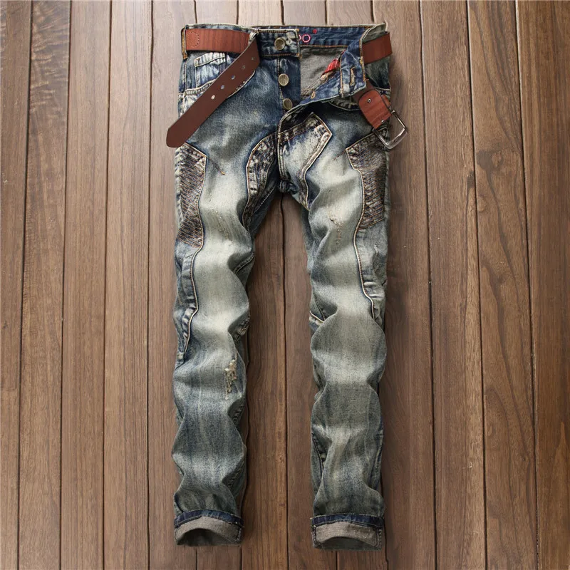 

Motorcycle Jeans Men's Retro Distressed Stitching Street Trend Slim Fit Skinny Handsome Cool Men's Skinny Trousers