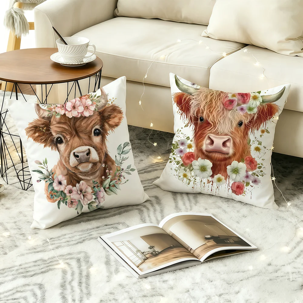 Baby Highland Cow Flower cushion cover Square Office Bedroom Headboard Sofa Living Room Backrest Cushions Sleeping