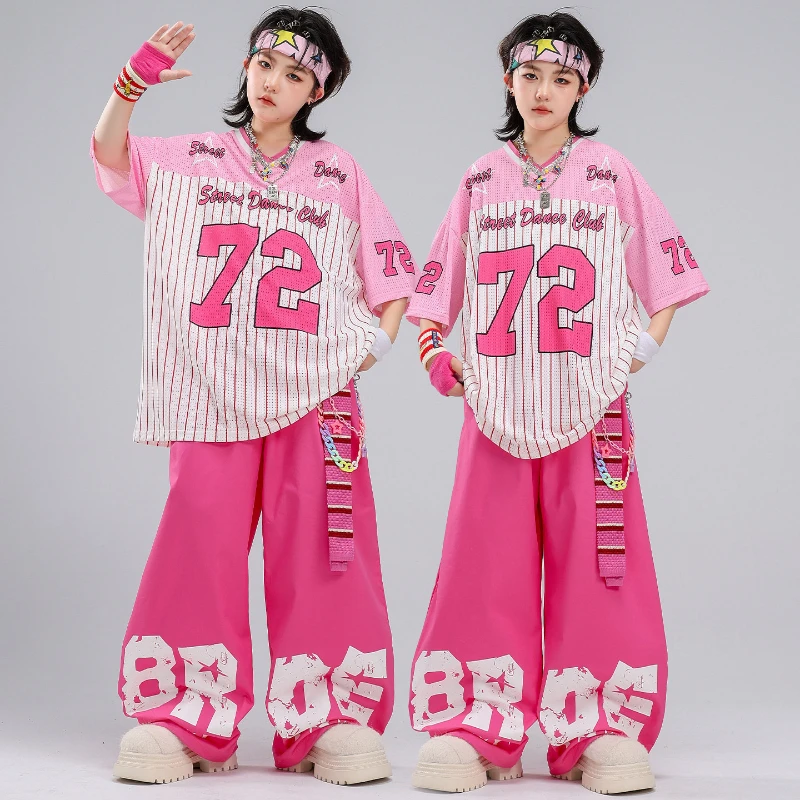 Boys Hip Hop Clothing Striped T Shirt Top Rose Red Baggy Pants Cool Jazz Dance Costume Group Street Wear Stage Performance Set
